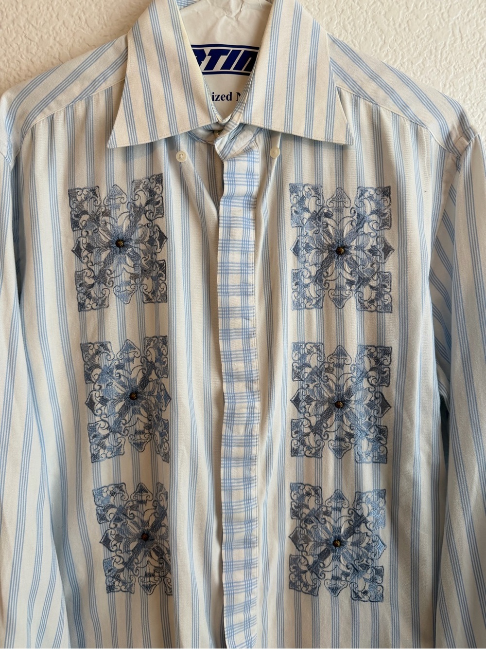 English Laundry Light Blue and White Striped Embroidered Dress Shirt